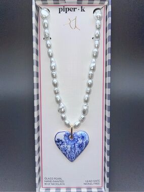 PIPER K Hand Painted Heart & Glass Pearl Necklace